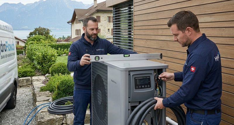 HydroFlow technicians installing an air-source heat pump